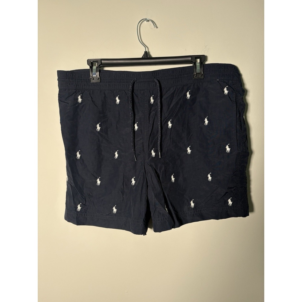 VTG Polo Ralph Lauren Swim Trunks Small Navy Blue All Over Pony Print Mesh Lined
